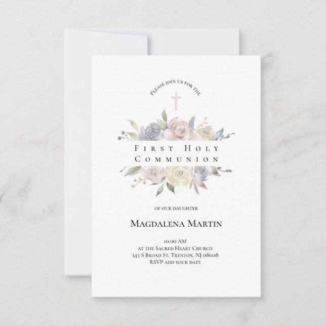 Convites flor pálida de aquarela Primeira Comunhão (Frente)