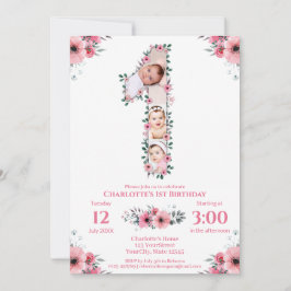 Convites Flor rosa Coluna de Fotos de primeiro aniversario 