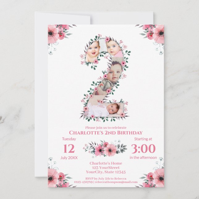 Convites Flor rosa Coluna de Fotos de segundo aniversário G (Frente)