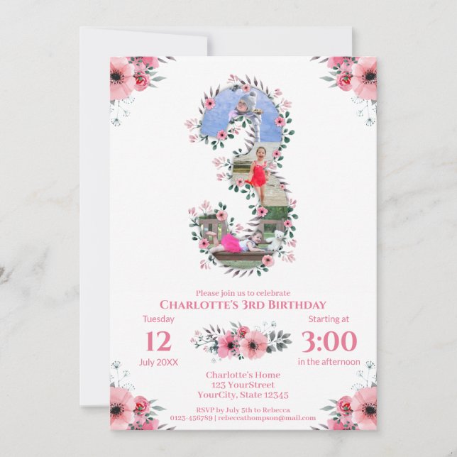 Convites Flor rosa de colagem de fotos de aniversário de 3  (Frente)