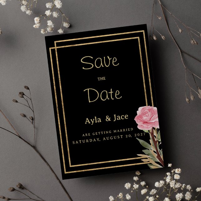 Convites Flor rosa dourada negra geométrica Salvar a Data (Geometric black gold pink flower Save the Date)