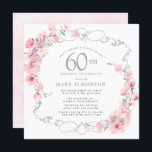 Convites Flor-Rosa, Floral, Flor, Flor, 60ª Festa de aniver<br><div class="desc">As flores de cereja cor-de-rosa suave ficam entrelaçadas com uma elegante armação prateada. Os detalhes da 60ª festa de aniversário são gravados em um texto de cinza flexível. Este convite de aniversário quadrado tem uma lavagem de aquarela cor-de-rosa suave nas costas. É uma festa da 60ª coleção de Blossom Cereja...</div>