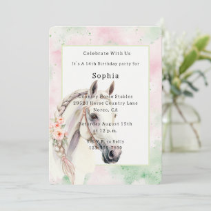 Convites Flor Rosa Hortelã Branco Cavalo Aniversário  