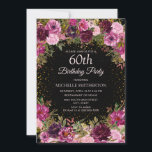 Convites Flor Rosa Púrpura, Brilhante Preto 60º Aniversário<br><div class="desc">Rosas/florais e folhagem,  cor-de-rosa e romântica,  elegantes e roxos,  de cor-de-água,  no convite de aniversário 60º a preto com brilho dourado. Personalizado com o nome do convidado de honra.</div>