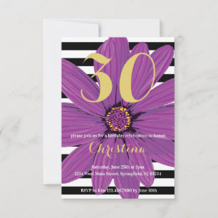 Convites Flor Roxa preta e branca listrada Aniversário