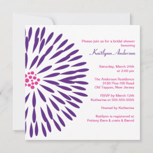 Convites Flor Roxo no Chá de panela Branco