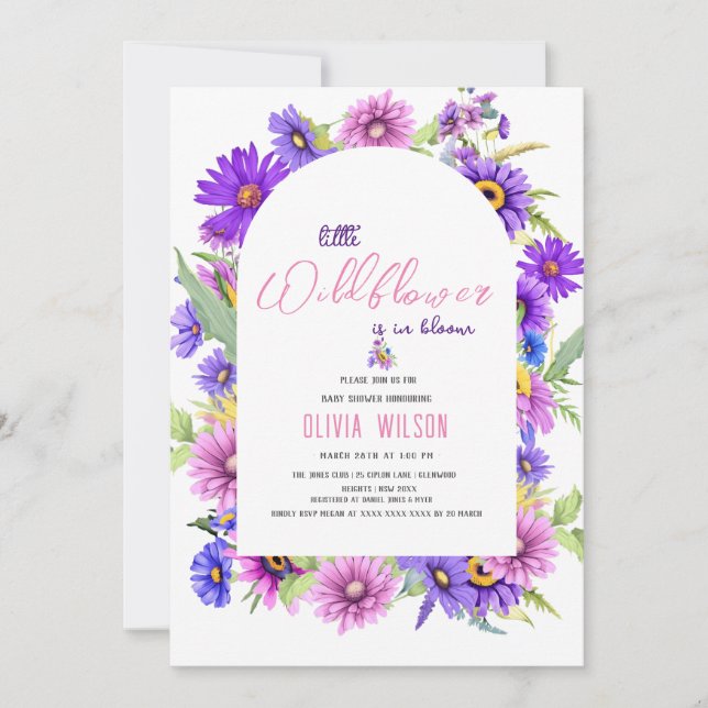 Convites Flor roxo, rosa-claro, está a caminho #3 (Frente)