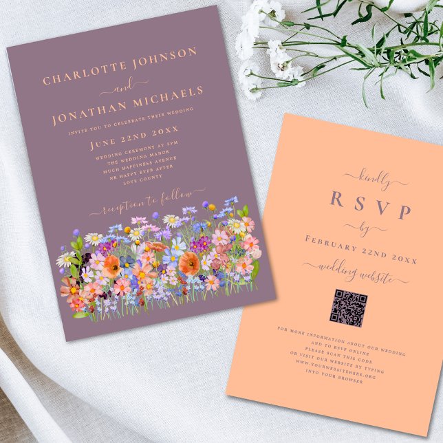 Convites Flor Selvagem Boho Pêssego (Boho chic wildflower watercolor floral wedding invitation peach fuzz typography calligraphy )