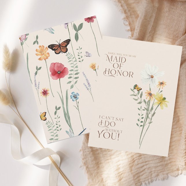 Convites Flor Selvagem Colorida Simples Seja Minha Madrinha (Simple Colorful Wildflower Floral Wedding Maid of Honor Proposal Card)