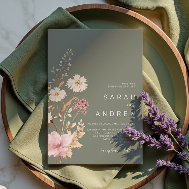Convites Flor Selvagem Moderna | Casamento de Sage Green Ga (Criador carregado)