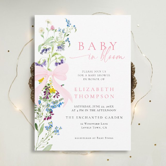 Convites Flor selvagem no Chá de fraldas da Arco do Blogue (wildflowers baby shower invitation in bloom elegant pink bow garden party watercolor calligraphy)