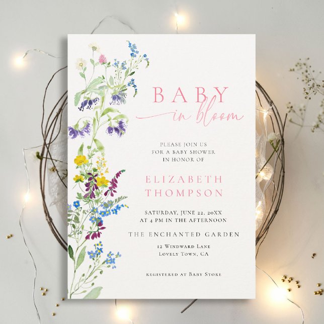 Convites Flor selvagem no Chá de fraldas da Festa do Jardim (wildflowers baby shower invitation in bloom elegant pink garden party romantic watercolor calligraph)