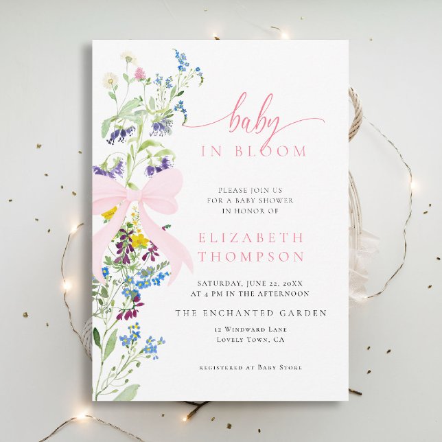 Convites Flor selvagem no Chá de fraldas de Arco Rosa Bloqu (wildflowers baby shower invitation in bloom elegant pink bow garden party watercolor modern)