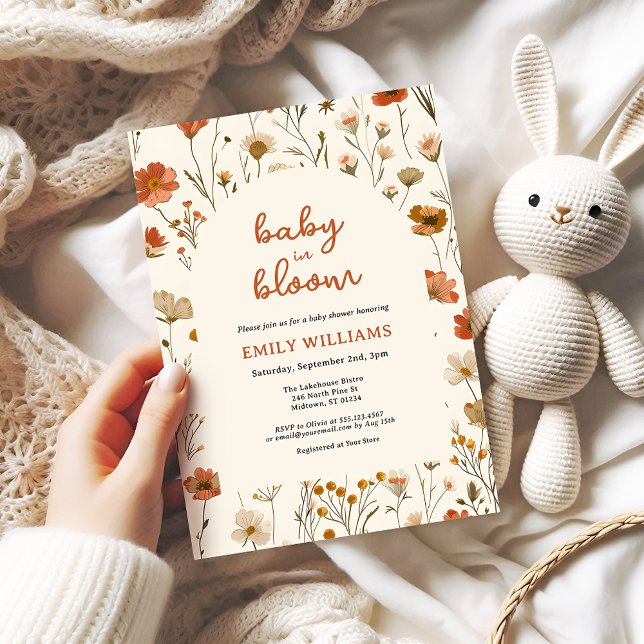 Convites Flor selvagem no Chá de fraldas de outono de Arco  (Baby in Bloom Fall Wildflower baby shower invitation with arch and whimsical script calligraphy.)