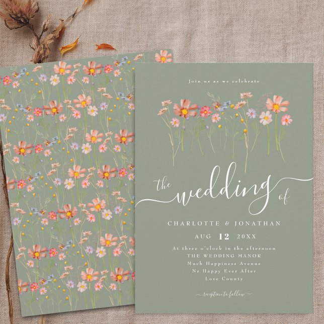 Convites Flor Silvestre Boho Floral Outono Verde Salvia (Boho fall Wildflower floral sage green Wedding invitation Watercolor flower meadow Elegant script)