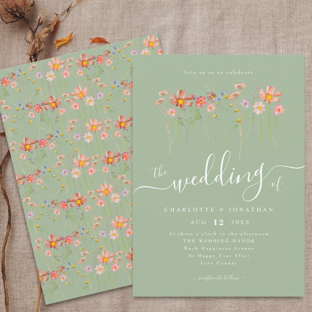 Convites Flor Silvestre Boho Floral Outono Verde Salvia (Wildflower floral sage green Wedding invitation Watercolor meadow flowers elegant modern script)