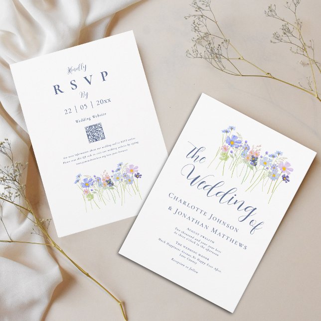 Convites Flor Silvestre Elegante Azul Rosa Código QR (Modern wildflower boho watercolor floral blue pink wedding qr code invitation)