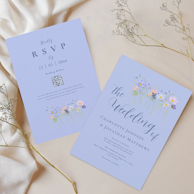 Convites Flor Silvestre Elegante Azul Rosa QR Code (Modern wildflower boho watercolor floral blue blush pink wedding qr code invitation)