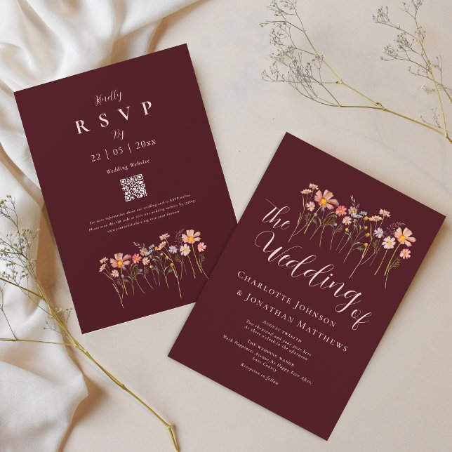 Convites Flor Silvestre Elegante Rosa Borgonha Código QR (Elegant wildflower floral burgundy blush pink wedding qr code invitation)