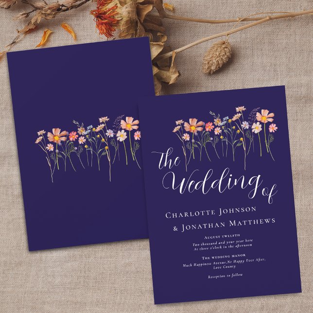 Convites Flor Silvestre Elegante Script Azul Marinho Terrac (Wildflower meadow navy blue terracotta floral fall Wedding invitation white Elegant modern script )