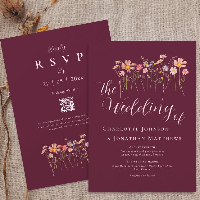 Convites Flor Silvestre Floral Borgonha Rosa Desbotado Códi (Wildflower floral burgundy & blush pink Wedding qr code invitation watercolor flowers Fall colors)