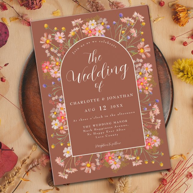 Convites Flor Silvestre Laranja Queimada Casamento de Outon (Wildflower elegant arch burnt Orange terracotta fall wedding invitation )