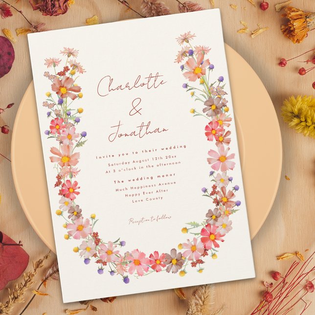 Convites Flor silvestre laranja queimada casamento de outon (Boho wildflower wreath fall wedding invitation with burnt orange dried flowers)