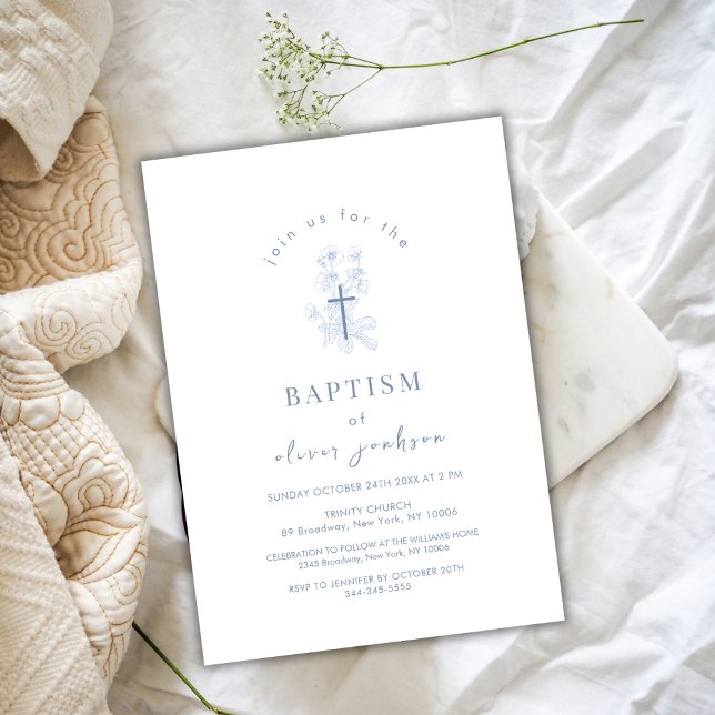 Convites Flor Simples Azul Cruzando Cristo Batismo (Blue Simple Flower Cross Christening Boy Baptism Invitation)