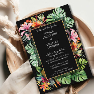 Convites Flor tropical e folhas casamento aquarela escura