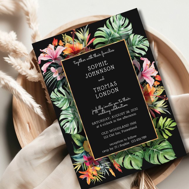 Convites Flor tropical e folhas casamento aquarela escura (Criador carregado)