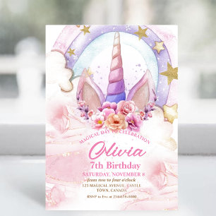 Convites Flor Unicorn e Rainbow Watercolor Aniversário