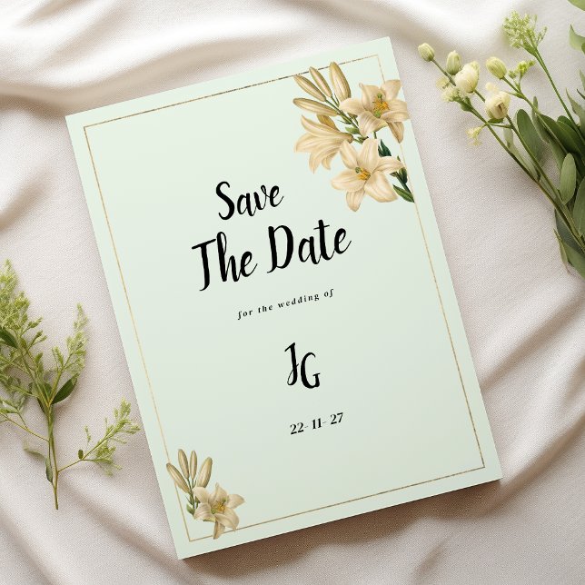 Convites Flor verde-lírio da menta de marfim Dourado Salvar (Gold ivory mint green lily flower Save The Date)