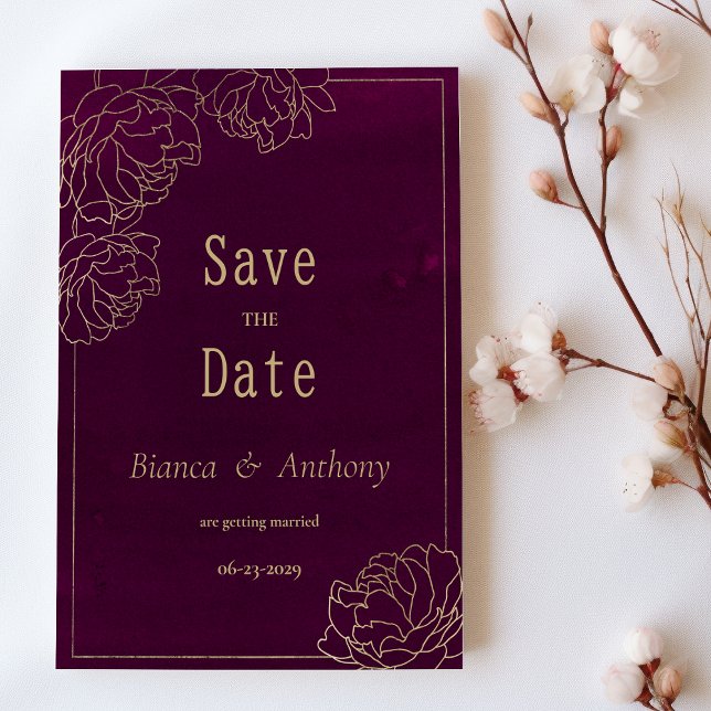 Convites Flora de pedras-de-ouro de Burgundy (Watercolor burgundy gold peony flora Save the Date )