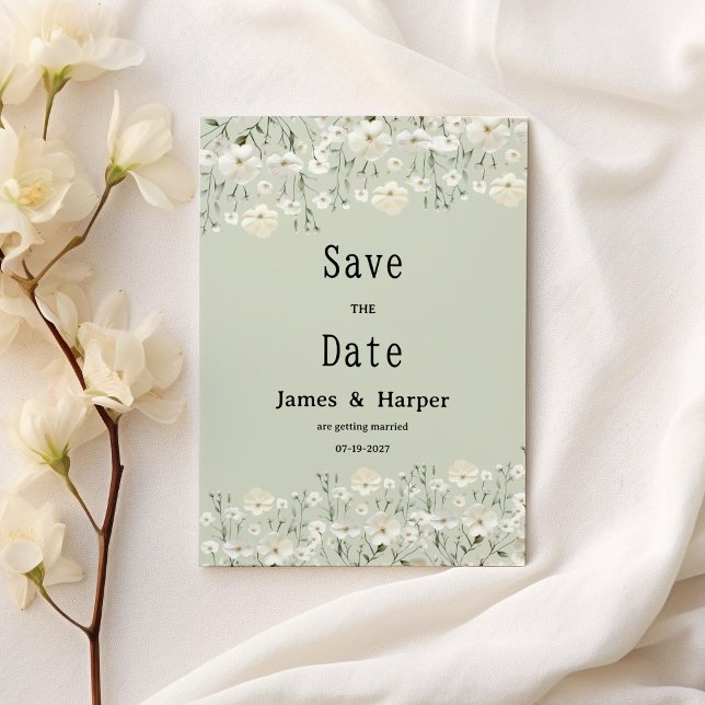 Convites Flora delicada da menta do marfim botânico Salve a (Botanical ivory mint delicate flora Save the Date)