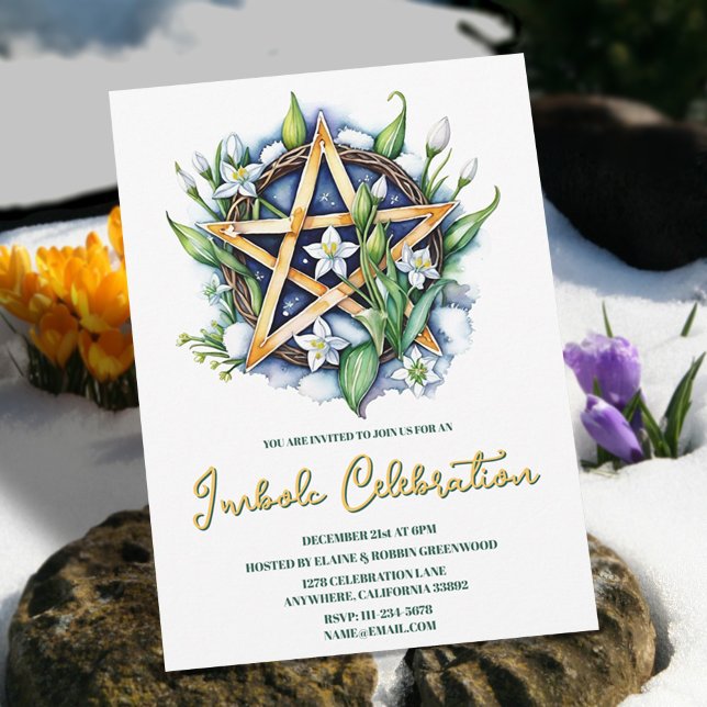 Convites Flora Pentacle Snow & Flowers Wiccan Imbolc Party (Flora Pentacle Snow & Flowers Wiccan Imbolc Party Invitation)