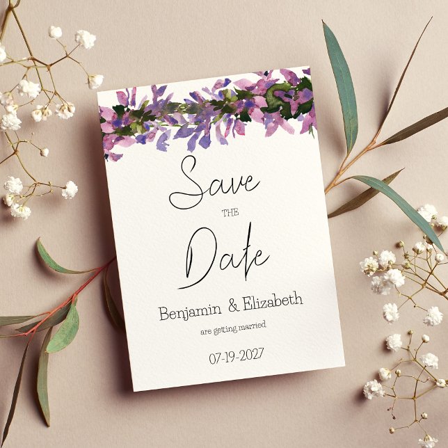 Convites Flora verde-lavanda rosa-aquarela Salvar a Data (Watercolor pink lavender green flora Save the Date)