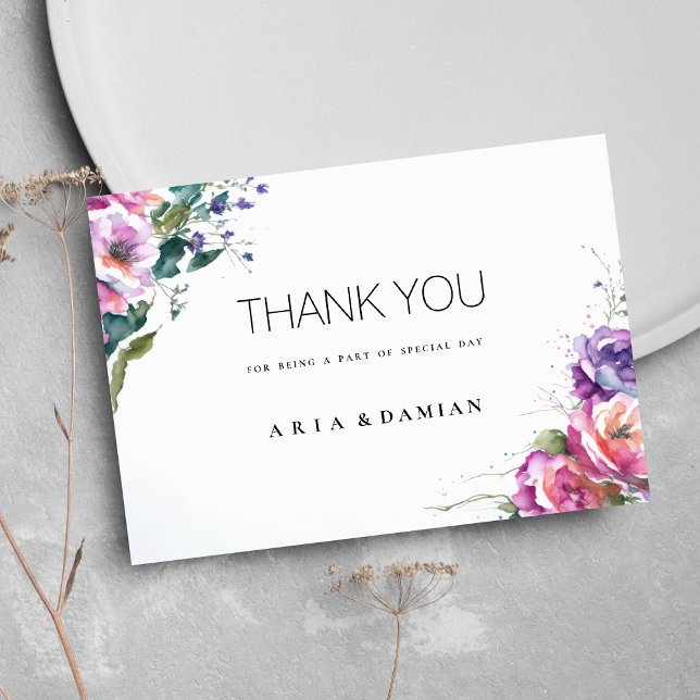 Convites Flora verde roxa-coral, rosa, botânica Obrigado (Botanical pink purple coral green flora Thank You)