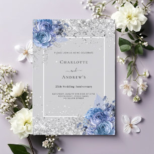 Convites Florais azuis cinza prata 25º aniversário de casam