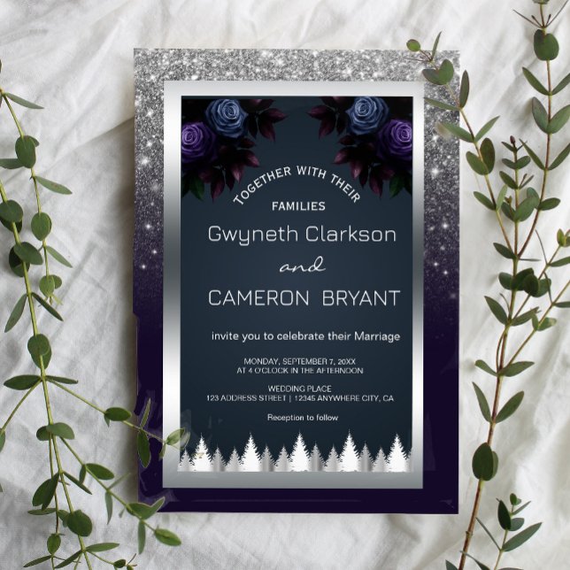 Convites Florais Azuis Marinho de Prata Luminosa Escura (Dark and dramatic. Our navy blue, silver, and purple floral invitations add a touch of mystery)