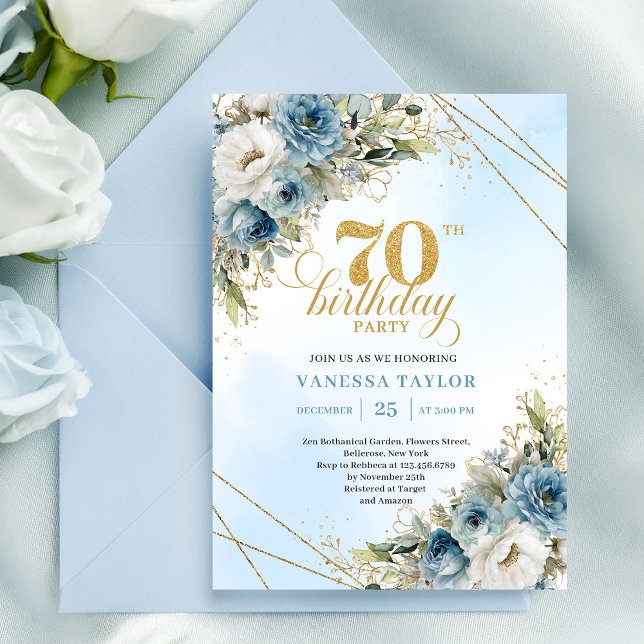 Convites Florais azuis românticos em pó com moldura dourada (Romantic dusty blue florals gold frame 70th birthday

)