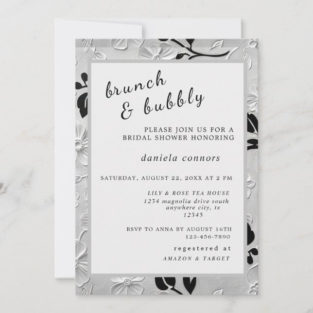 Convites Florais B e W personalizados Brunch e Bubble (Frente)