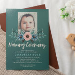 Convites Florais bonito | Cerimônia de nomeação rosa e verd<br><div class="desc">Convite para uma cerimônia de nomeação,  com um buquê de rosas cor-de-rosa e azuis,  que enquadra a foto da sua linda garotinha. A cerimônia de nomeação é escrita em uma fonte grande e escrita em negrito. O dorso apresenta um padrão uniforme de flores e folhas.</div>