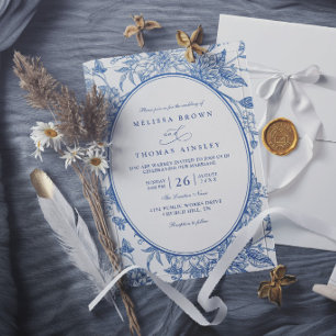 Convites Florais Botânicos Aquarela Azul Casamento Elegante