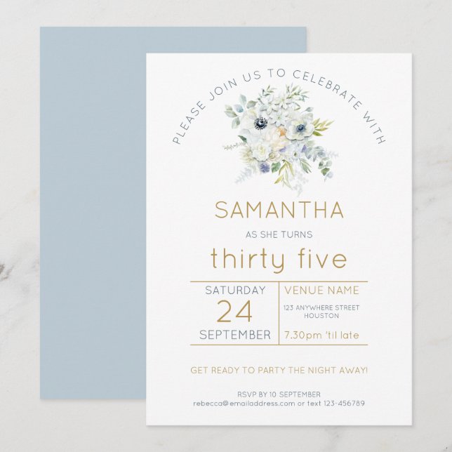 Convites Florais brancos Eucalyptus 35ª Festa de aniversári (Frente/Verso)