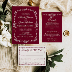 Convites Florais Burgundy Clássicos Casamento Herbal Dinhei