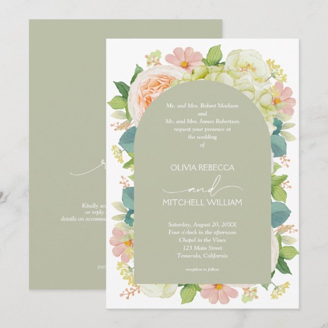 Convites Florais Chic Casamento Tudo em Um Verde Sage (Frente/Verso)