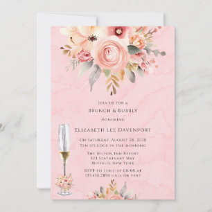 Convites Florais Chic Rosa e Dourado Brunch e Bubble