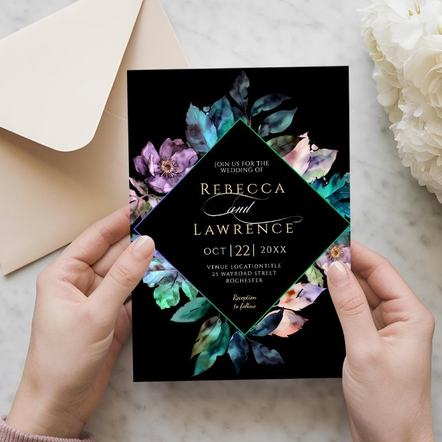 Convites Florais coloridos elegantes casamento negro (Criador carregado)