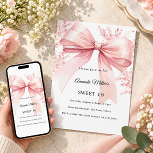 Convites Florais com laço rosa Aniversário de 16 anos