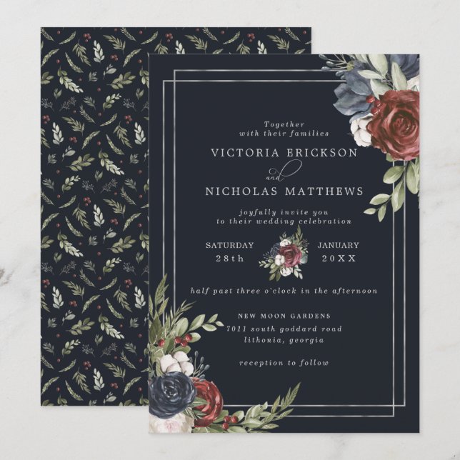 Convites Florais Congelados | Casamento Botânico de Inverno (Frente/Verso)